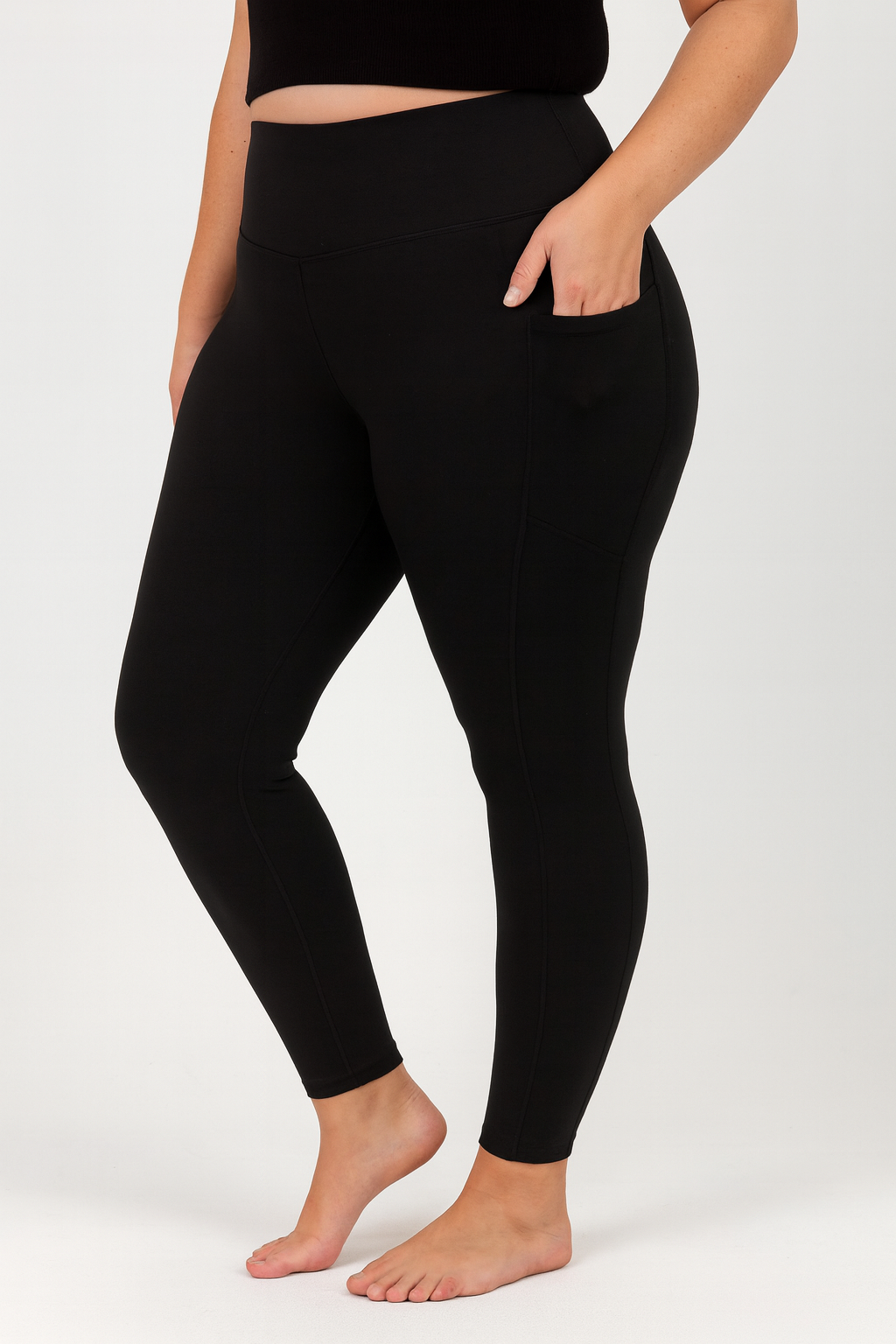 Plus Size Brushed Microfiber Full Length Leggings with Pockets – Black