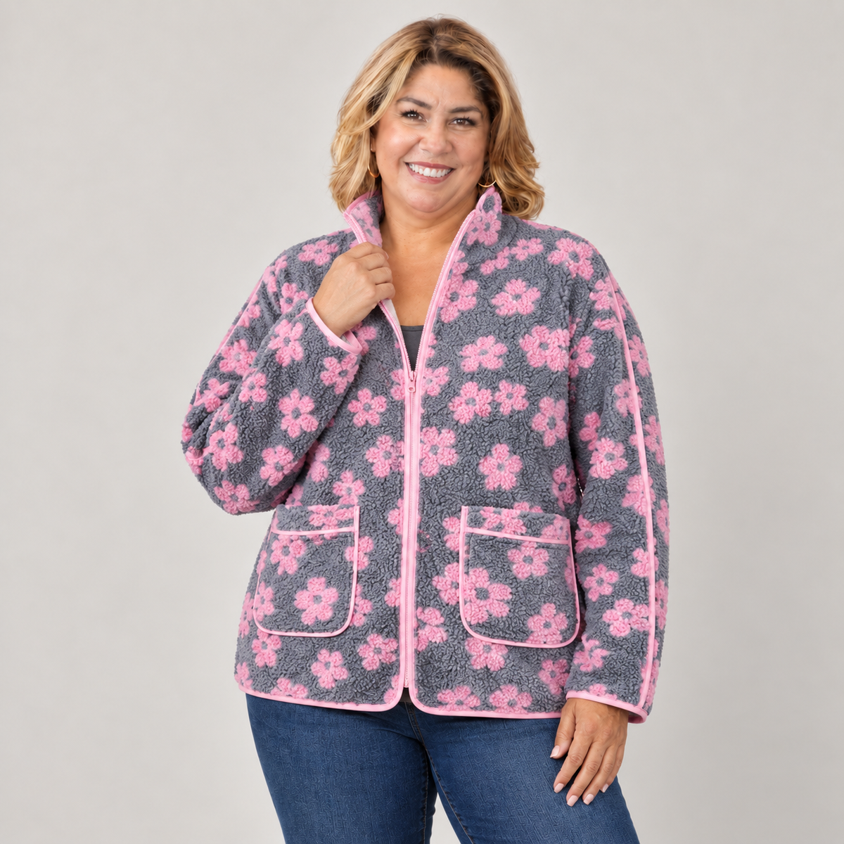 Daisy collared oversized sherpa jacket in regular and plus sizes