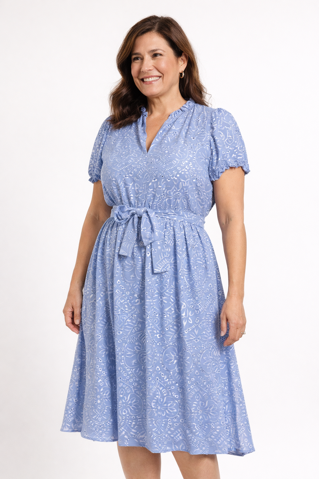 Blue Eyelet Midi Dress with Sleeves