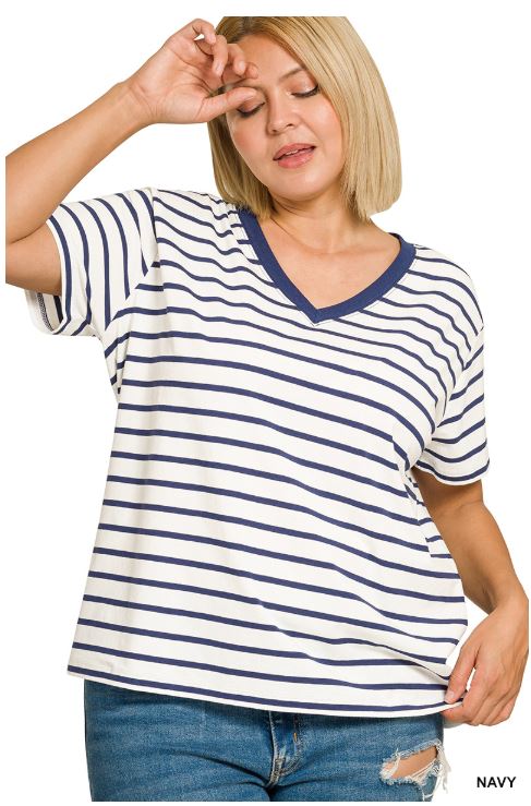 Striped V Neck T Shirt Women
