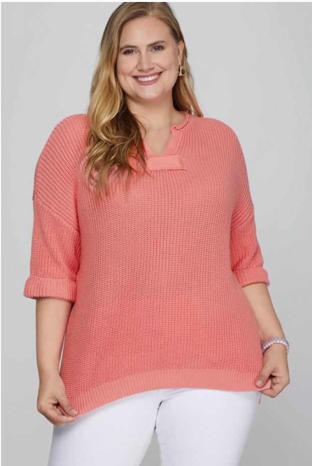Plus Half Sleeve Notched Collar Spring Sweater (2 Colors)