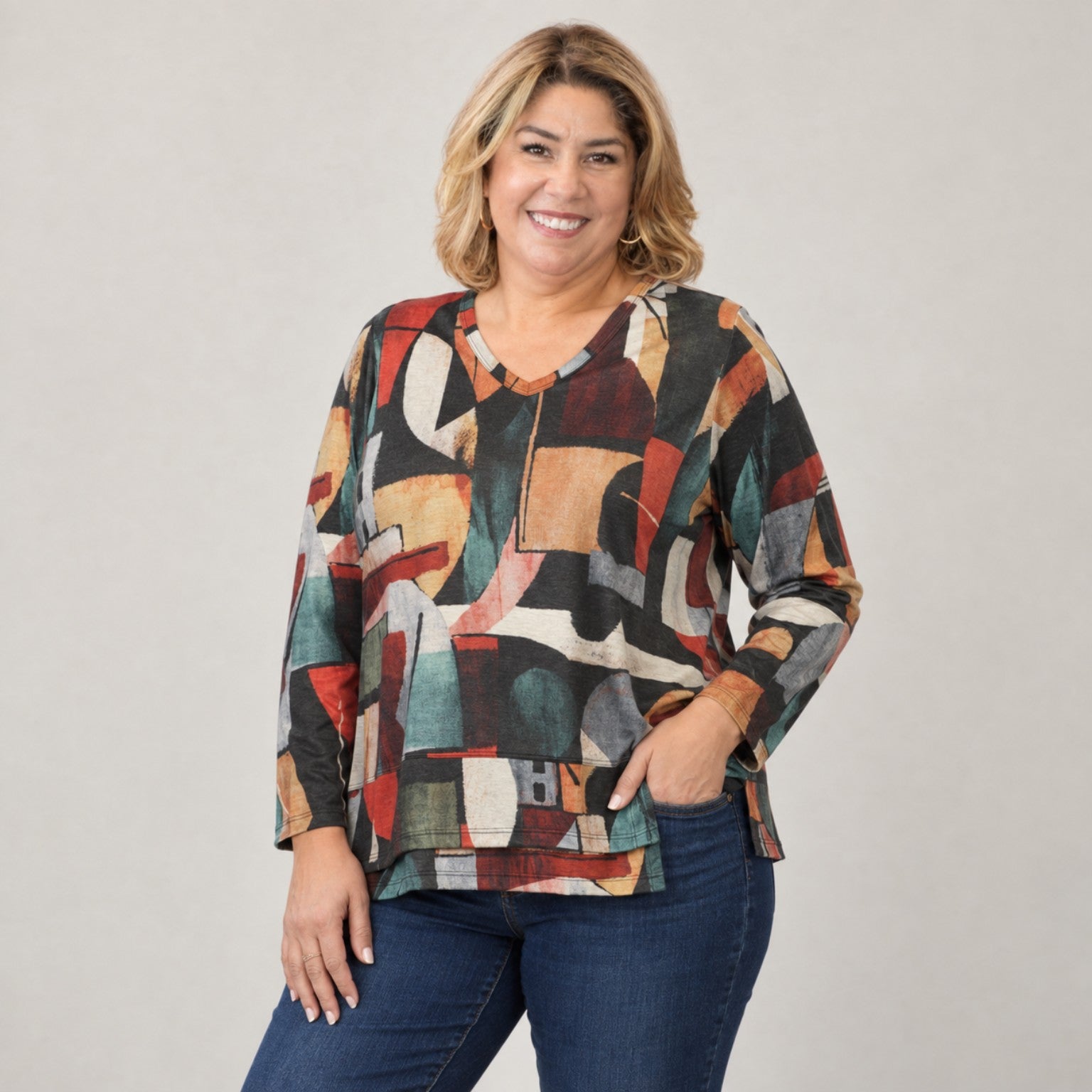 Cubism V-neck overlap hem top plus size front view