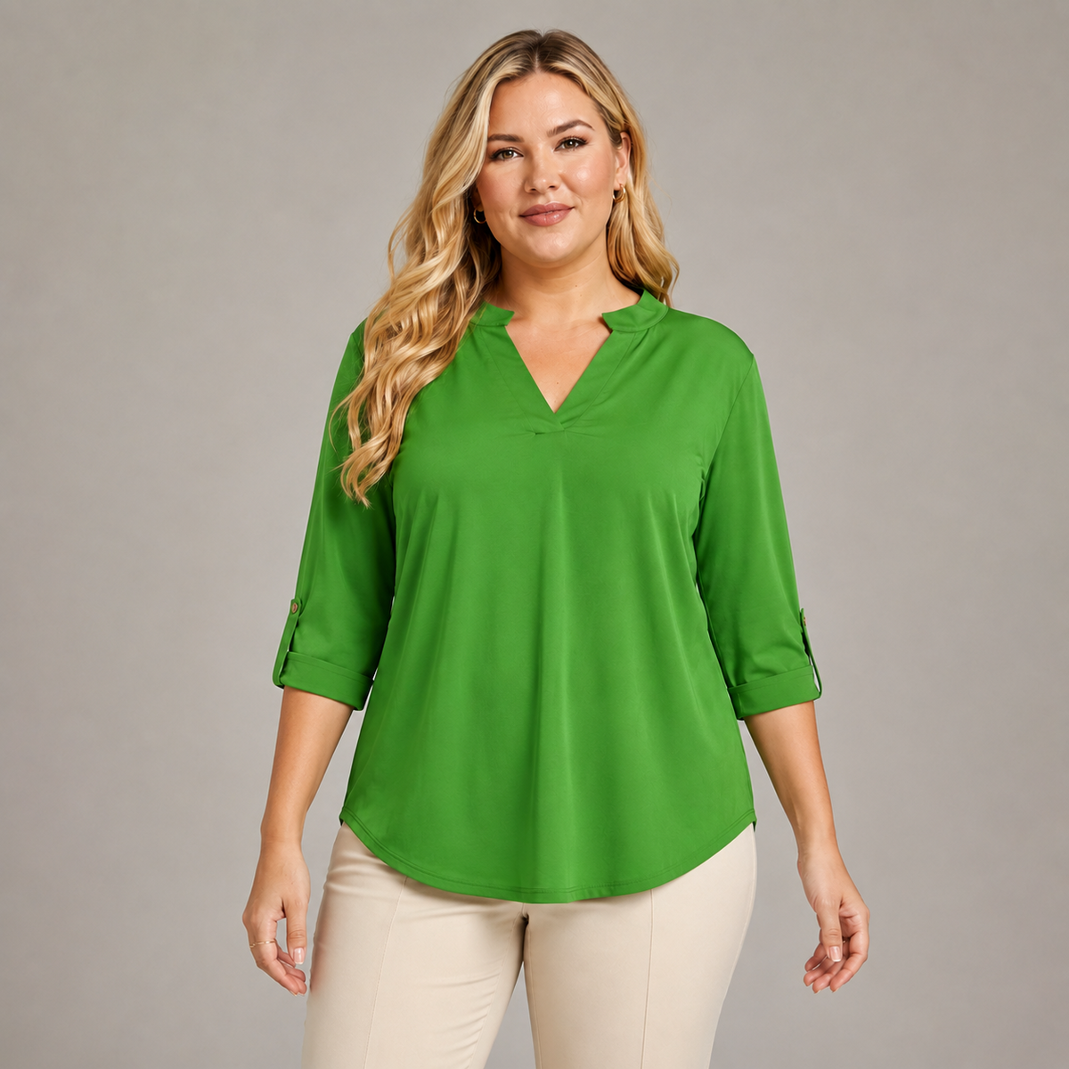 Dear Scarlett green Lizzy Top front view with mandarin collar and 3/4 roll-tab sleeves