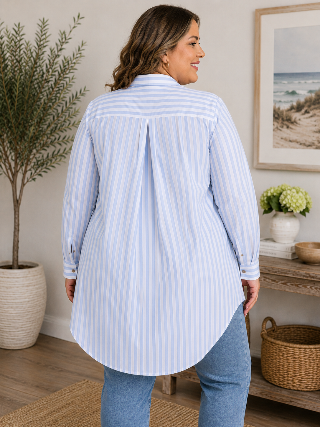 Women’s Blue Stripe Long Button Down Blouse