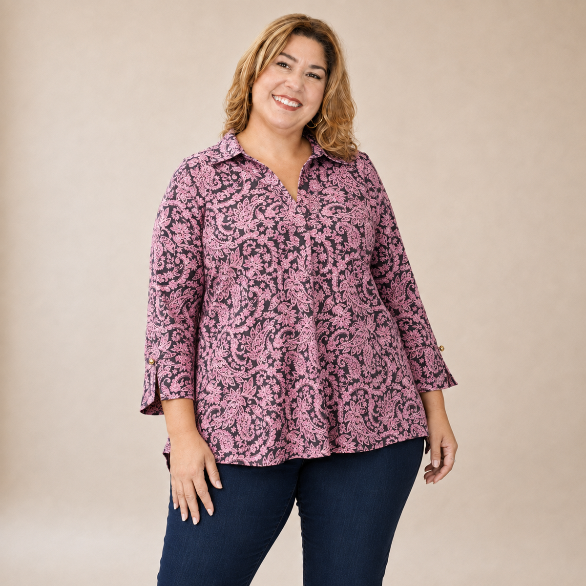Dear Scarlett pink and charcoal paisley 3/4 sleeve blouse front view, sizes S-3X