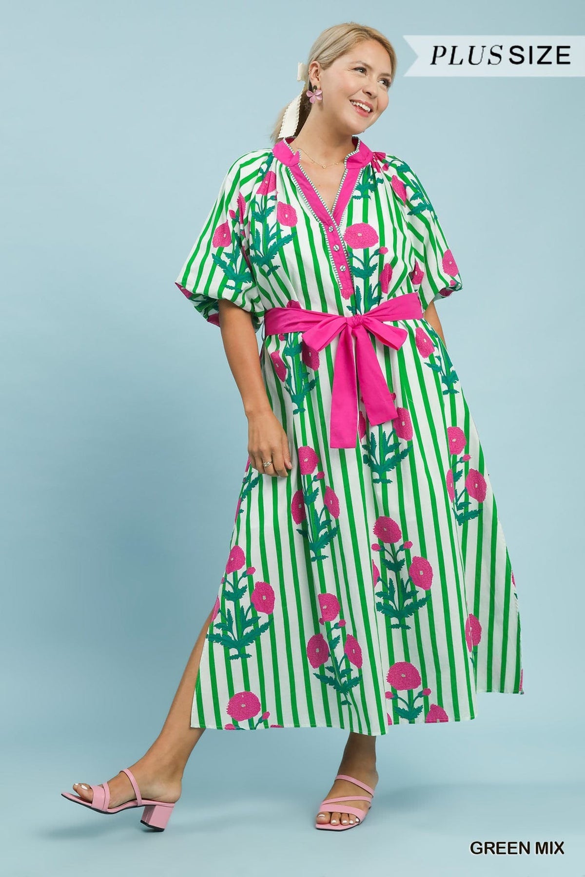Lilly Green Stripe Floral Midi Dress for Women
