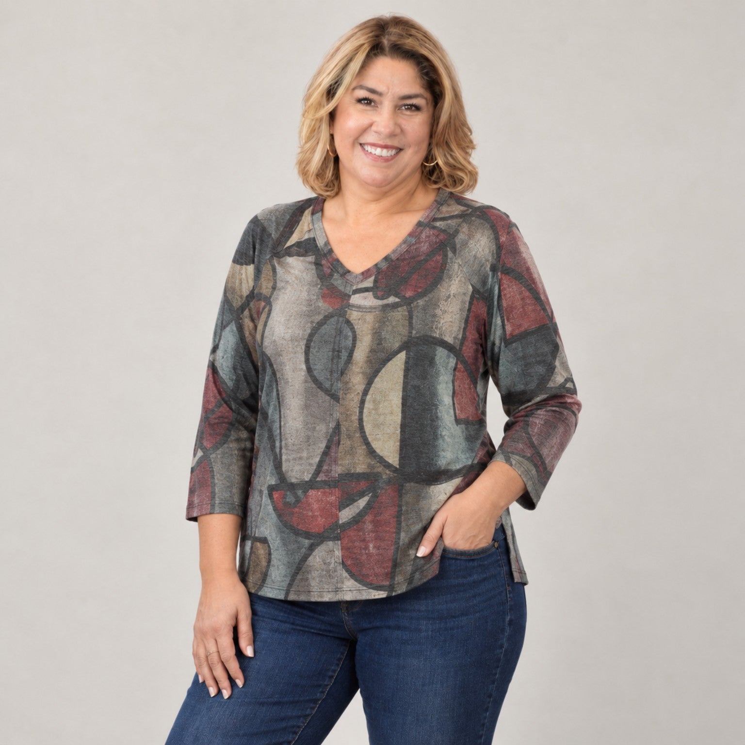 Melody cotton spandex V-neck side slit top front view