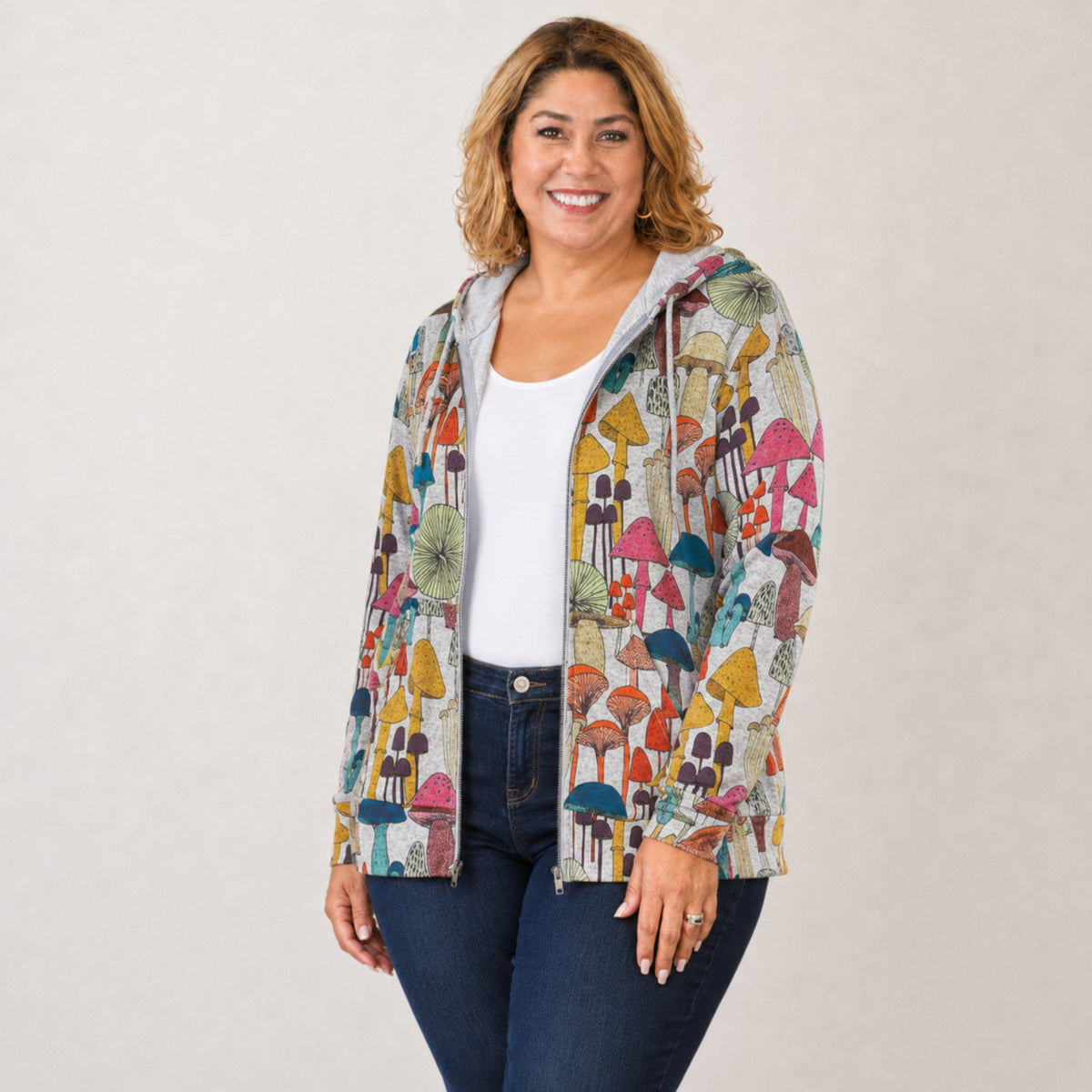 Plus size Mushroom Mood Zip Hoodie front view, sizes 1XL-3XL