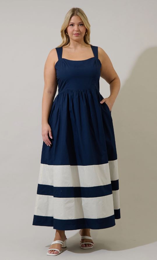 Navy & White Coastal Midi Dress with Pockets