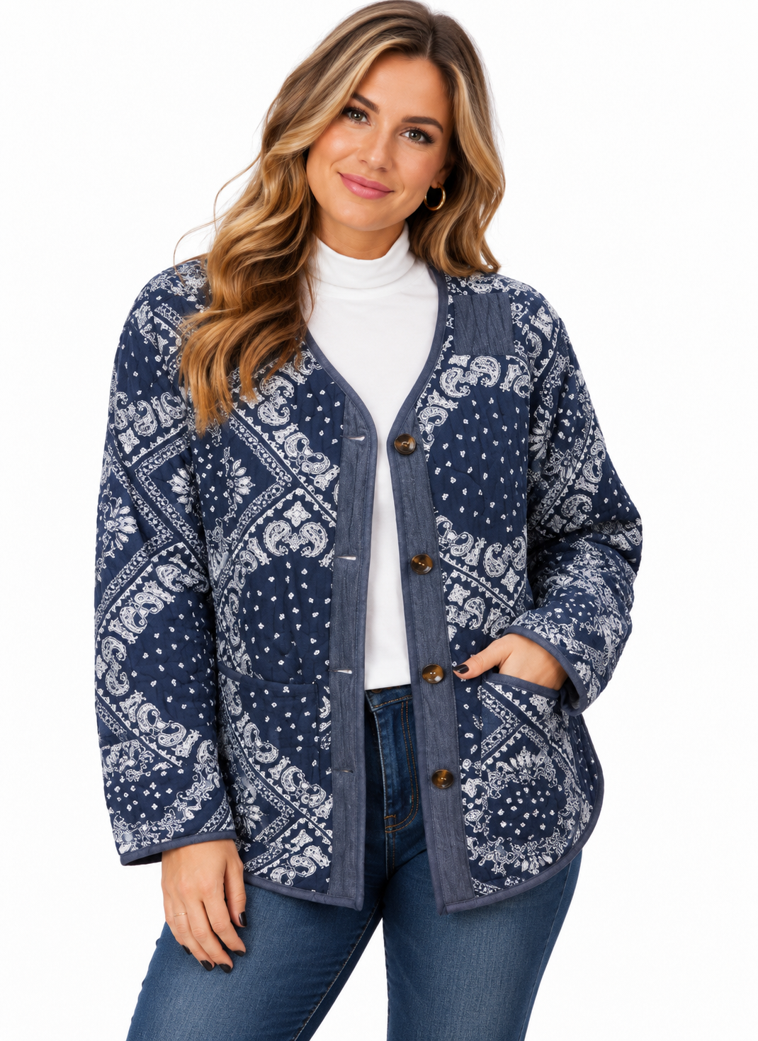 Oddi navy paisley washed quilted oversized jacket front view