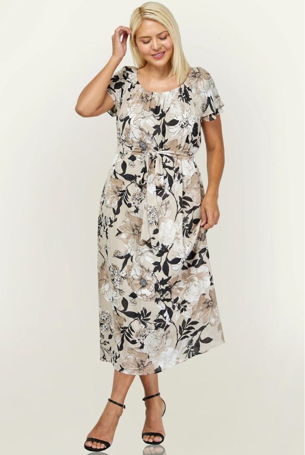 Vintage Floral Midi Dress Tie Waist Dress