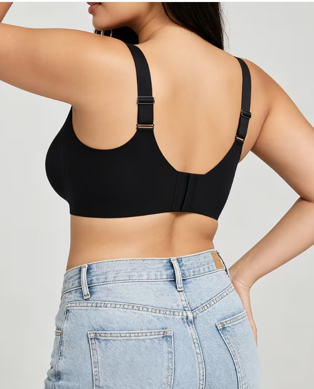 Black seamfree wireless bra showing smooth back coverage