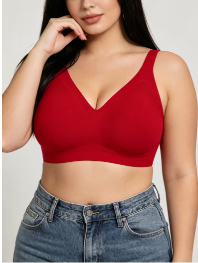 Cherry red seamfree wireless smoothing bra front view