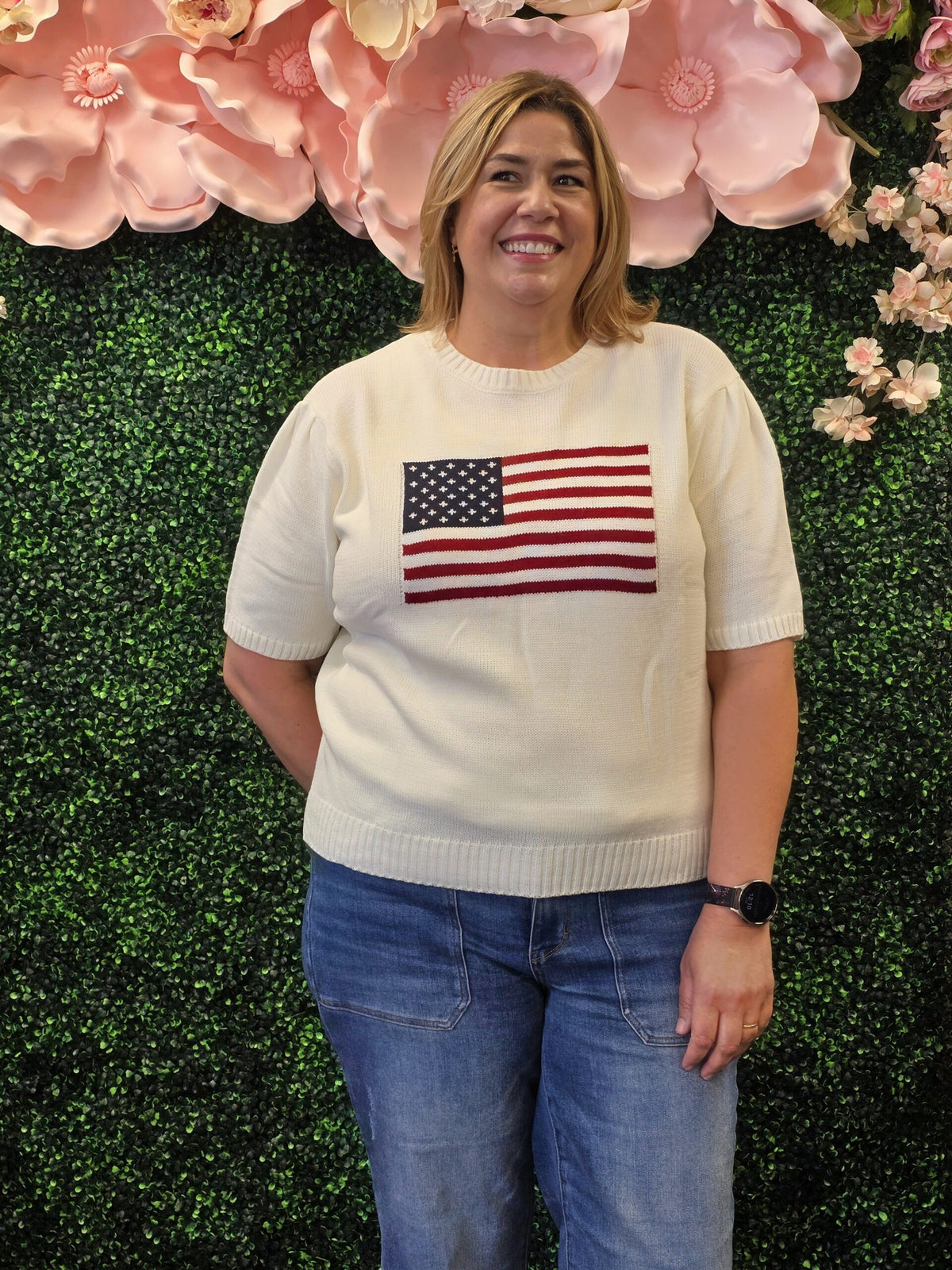 Plus Size Mid Size American Flag Short Sleeve Sweater