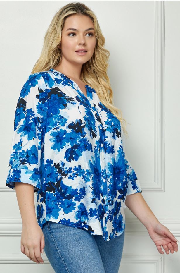 Alena Blue Floral Button-Down Blouse – Plus Size Lightweight Top with 3/4 Sleeves