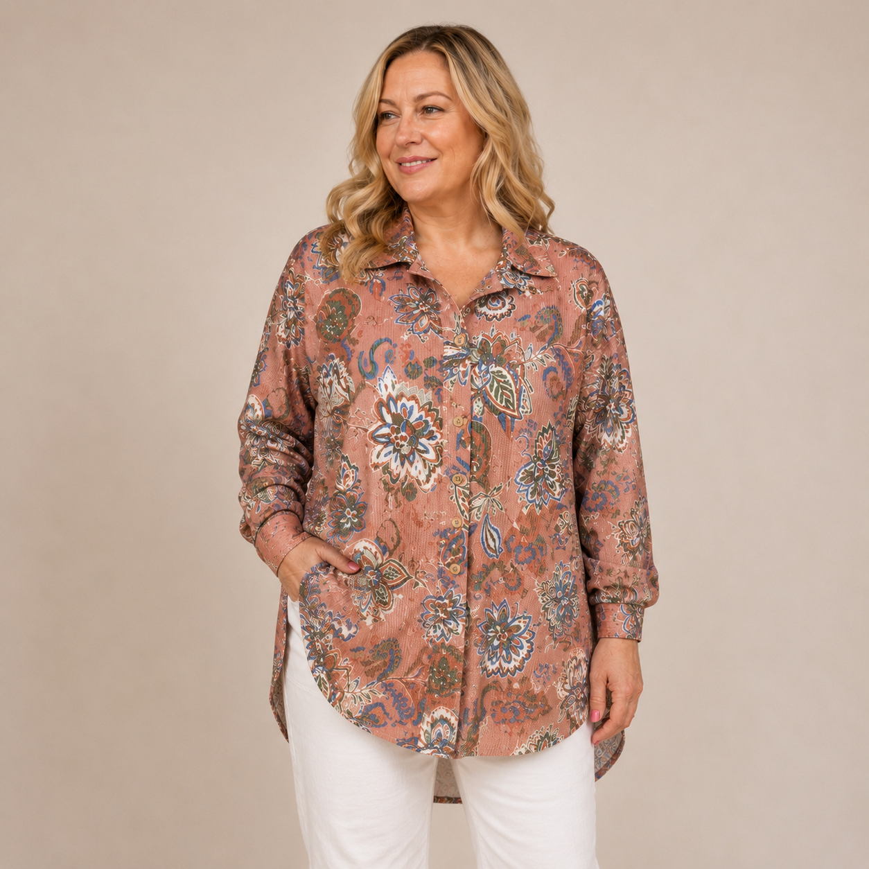 Autumn Paisley Ribbed Shacket front view
