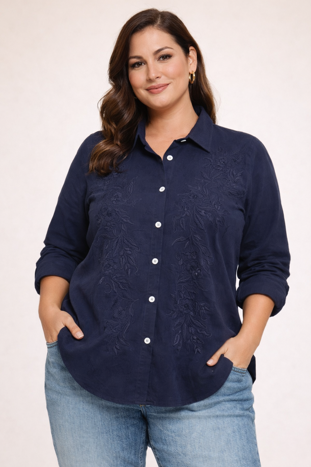 Women’s Embroidered Button-Up Blouse in Navy & Green