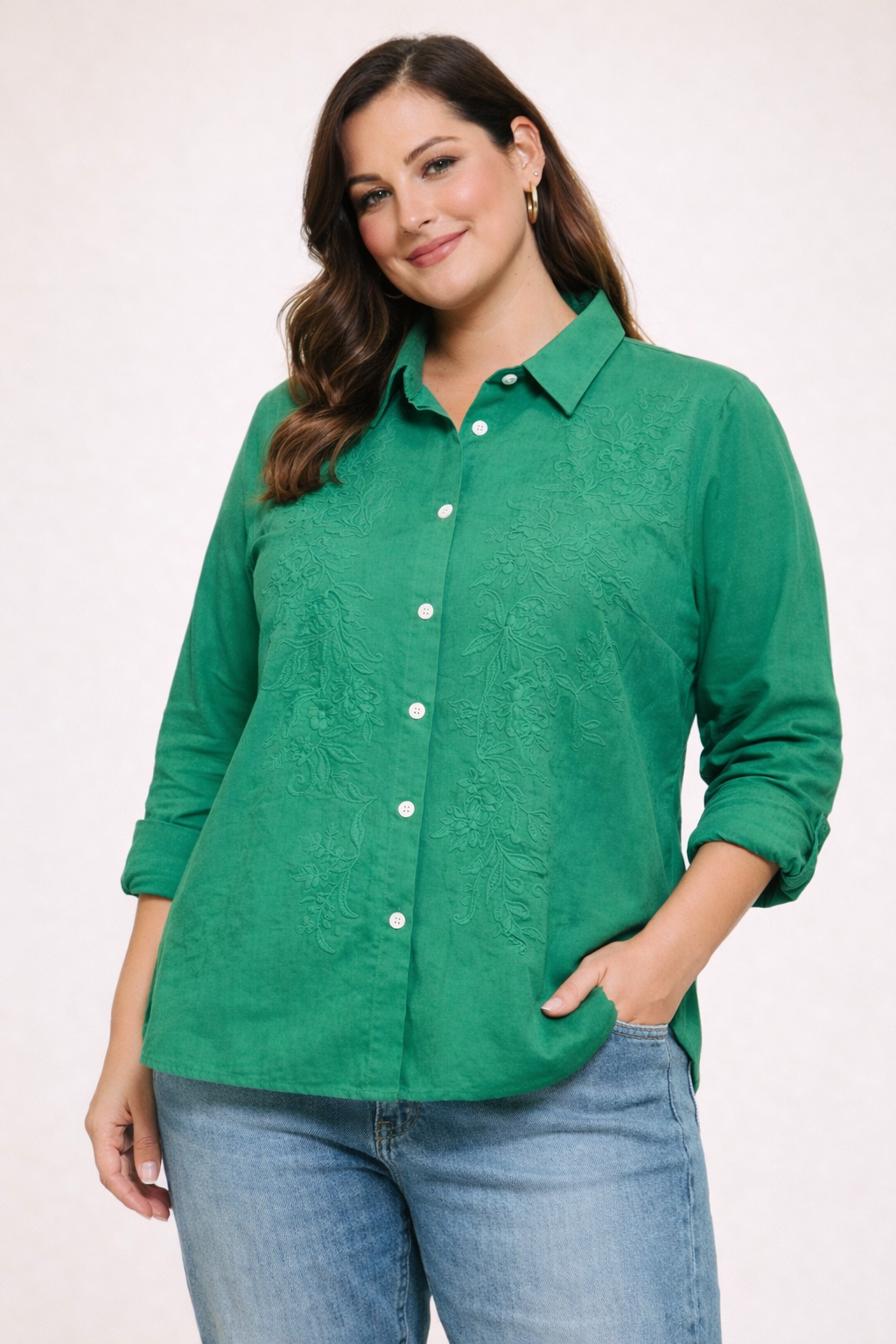 Women’s Embroidered Button-Up Blouse in Navy & Green