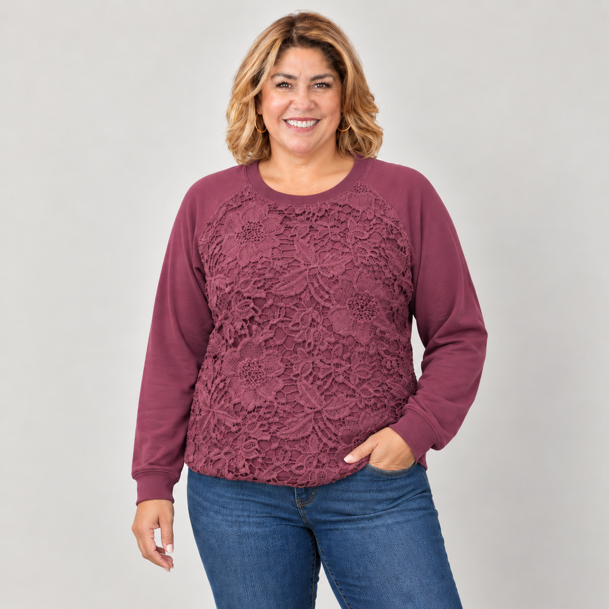 French Terry Flower Patch Pullover with floral lace detail, regular and plus sizes