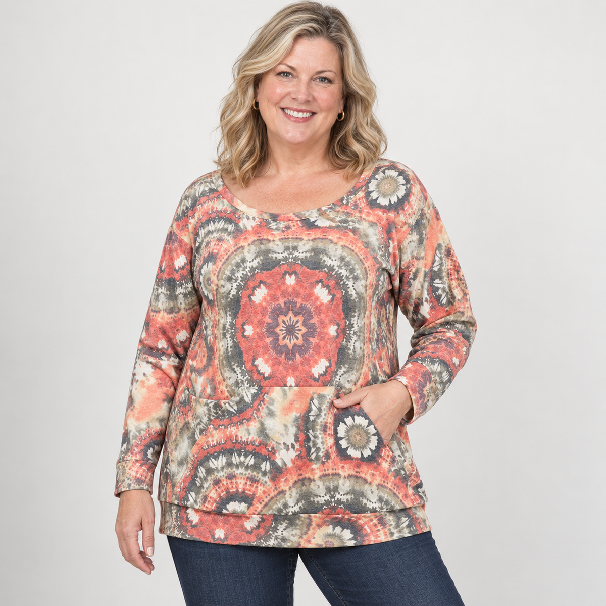 Long Sleeve Multi Color Print Kangaroo Pocket Top