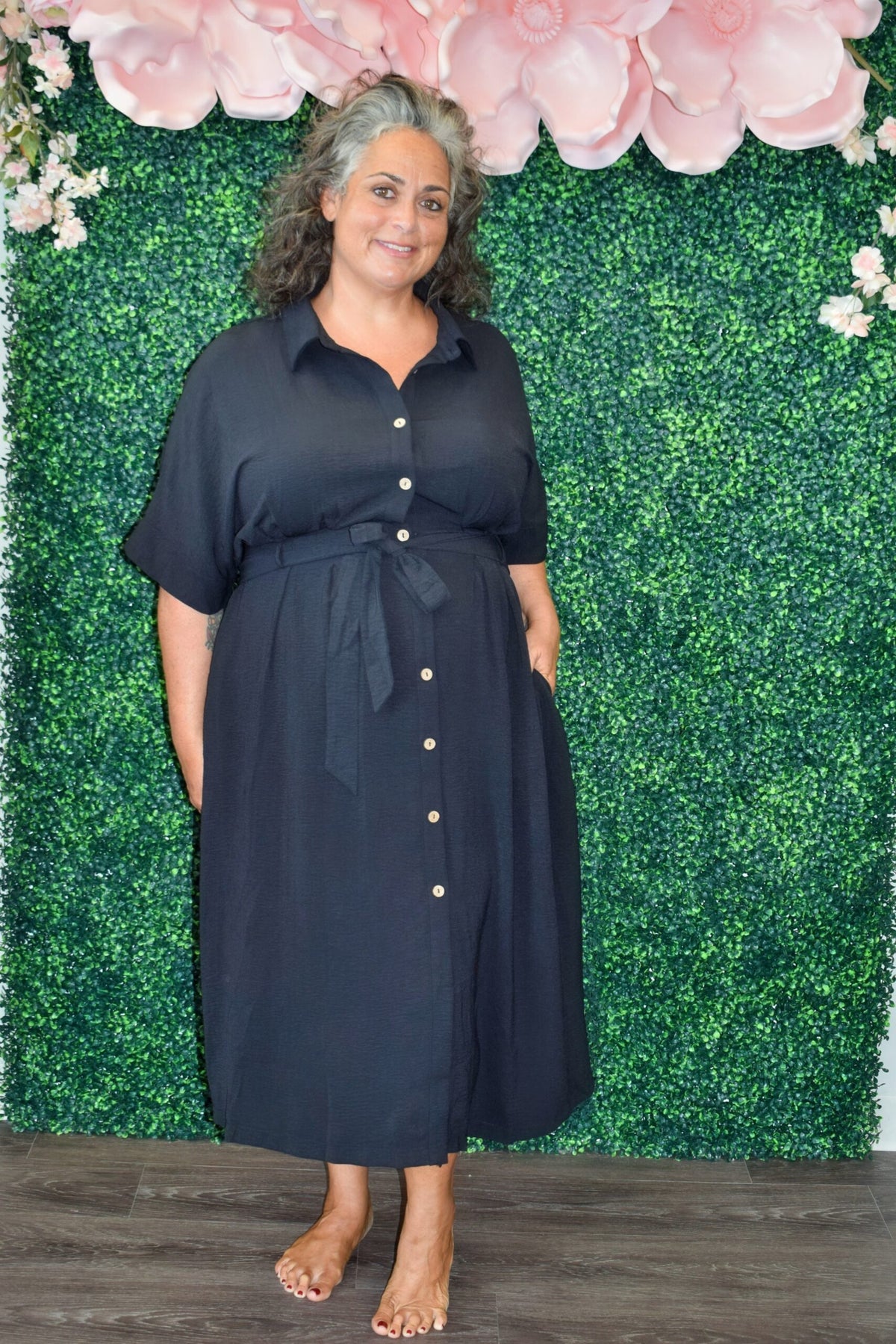 Plus Size Solid Black Airflow Shirt Dress with Belt – Sizes 1X to 3X