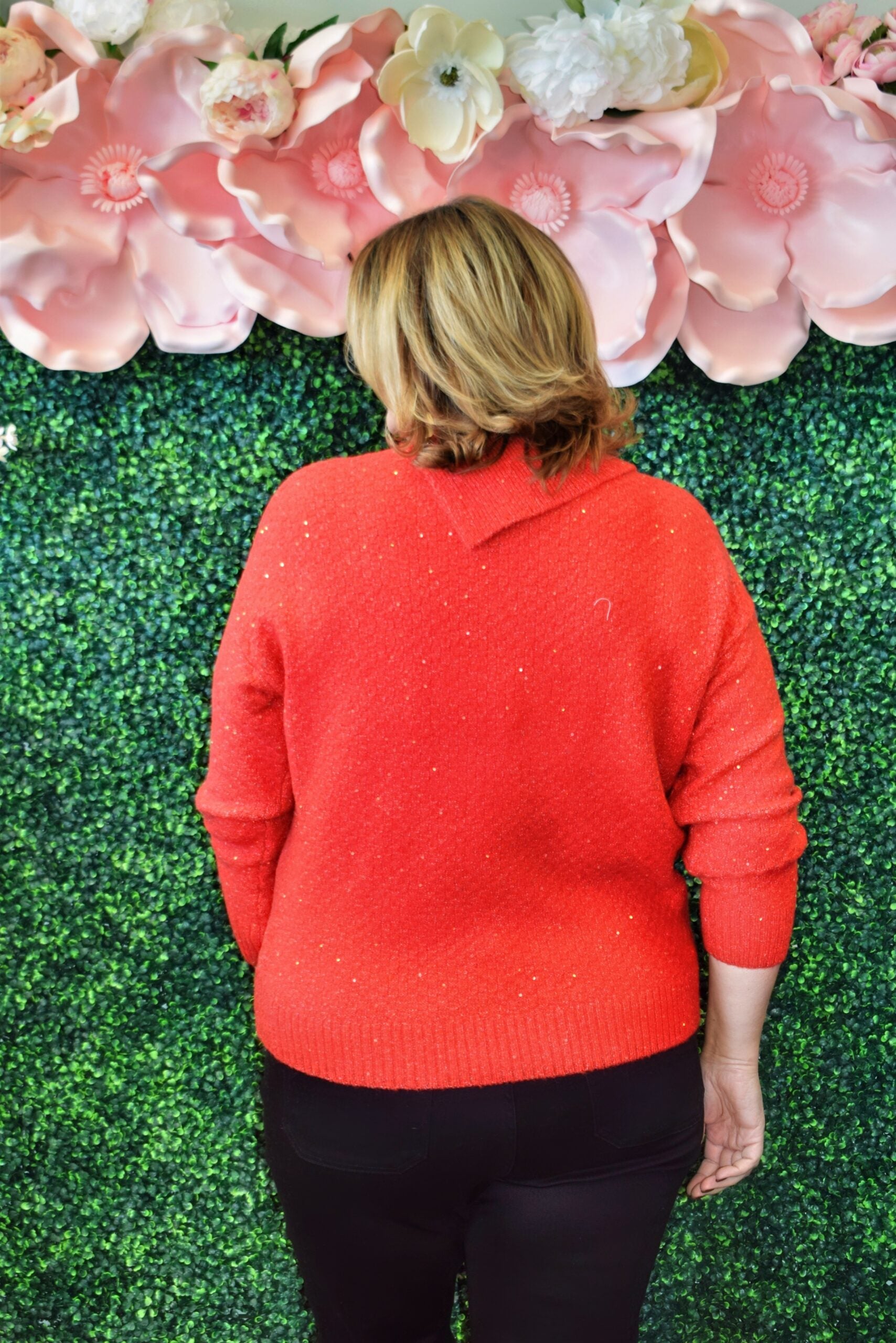 Red Sparkle Holiday Sweater with Crystal Button Neckline