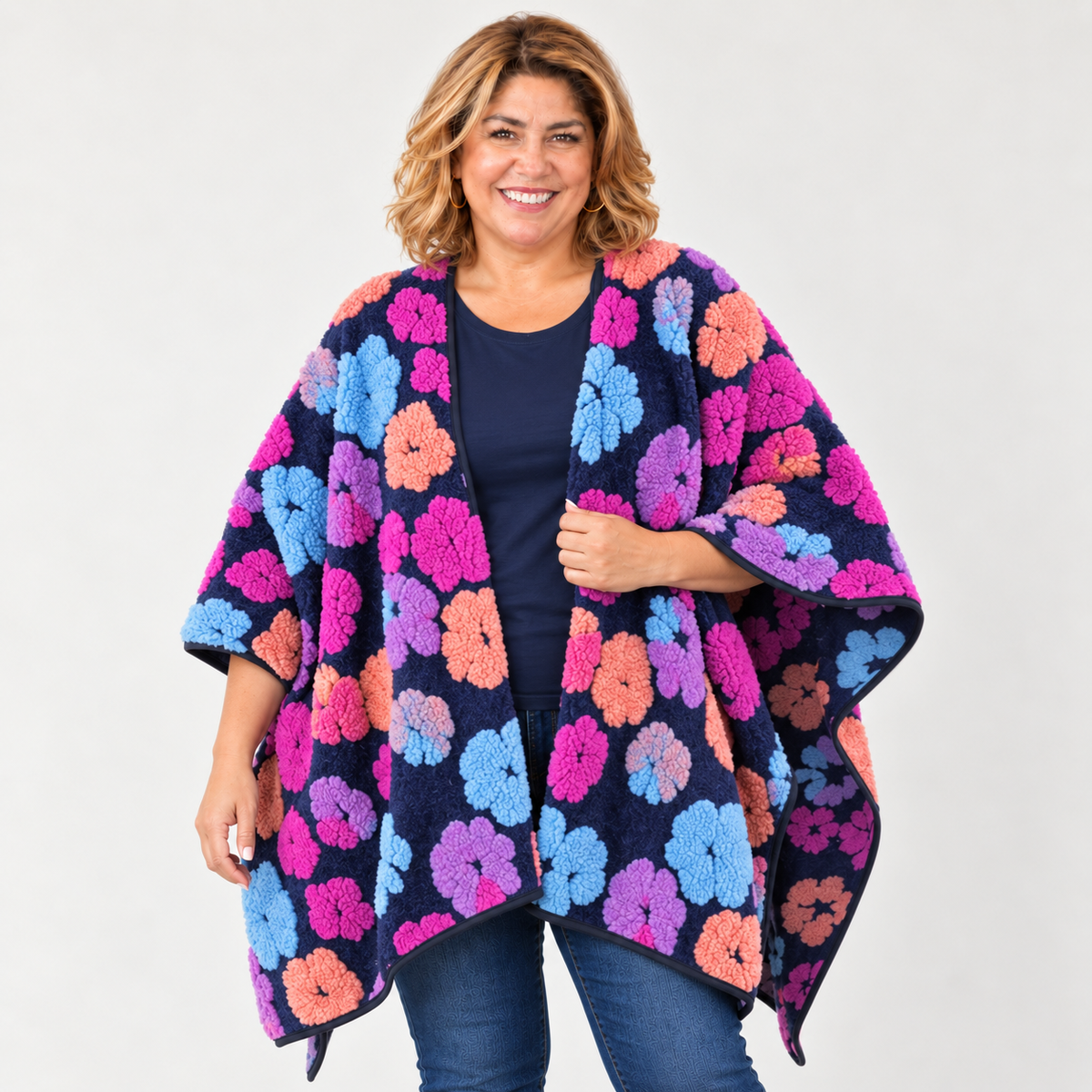Chunky Flowers Embroidered Ruana Wrap by Original USA styled with a navy top and dark-wash jeans