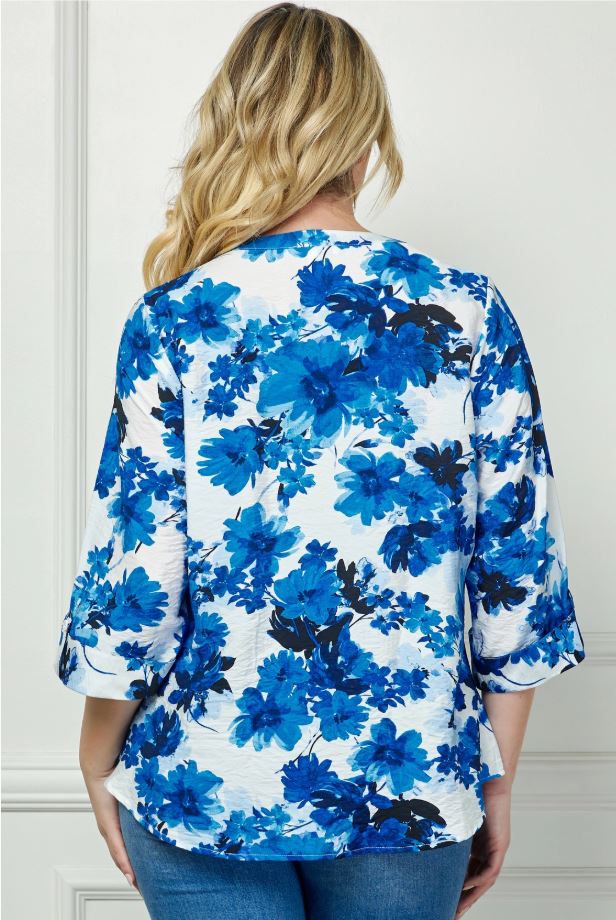 Alena Blue Floral Button-Down Blouse – Plus Size Lightweight Top with 3/4 Sleeves