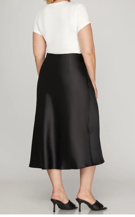Black Satin Midi Skirt back view