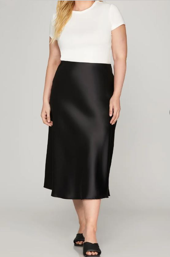 Black Satin Midi Skirt front view