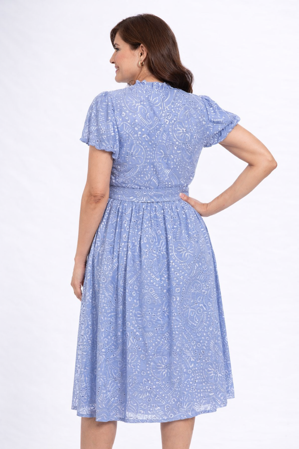 Blue Eyelet Midi Dress with Sleeves