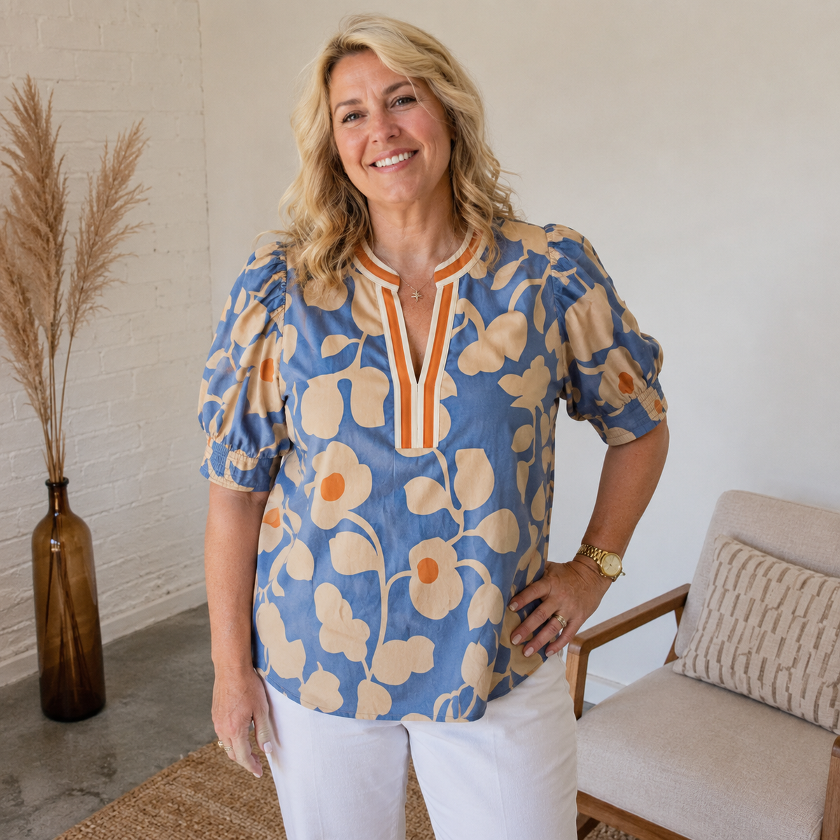 Blue Skies Floral Split Neck Top