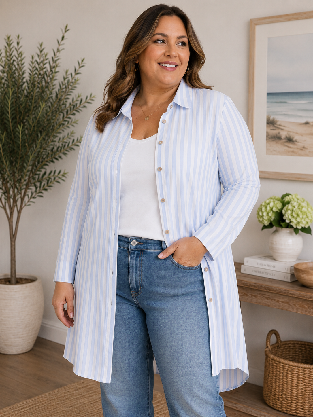Women’s Blue Stripe Long Button Down Blouse