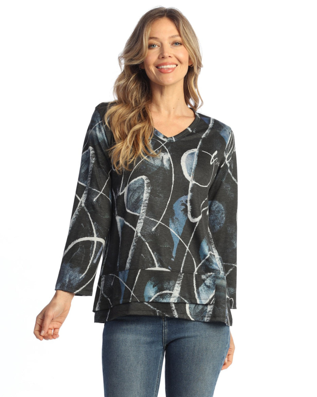 Calligraphy abstract print V-neck overlap hem top front view
