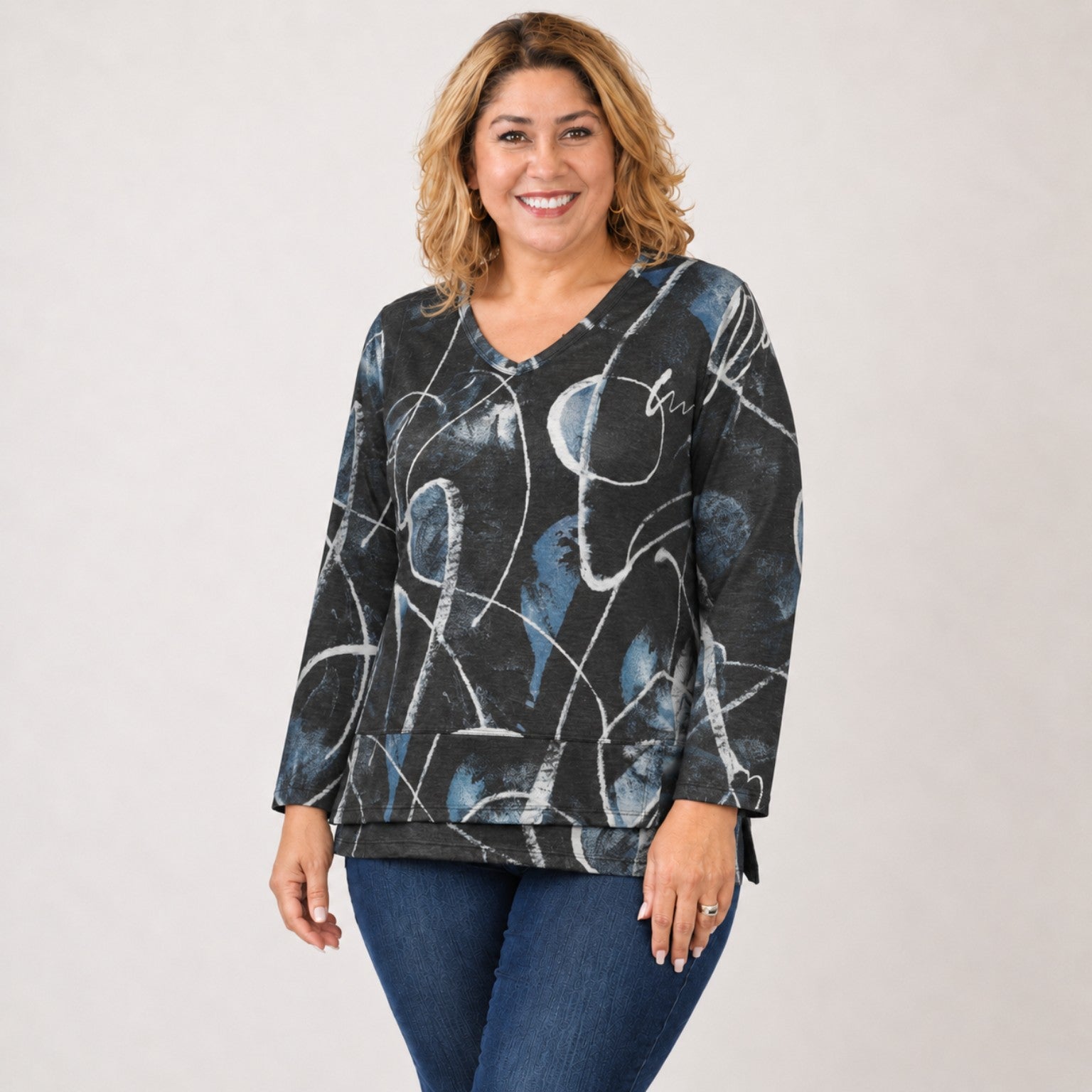 Calligraphy abstract print V-neck overlap hem top plus size front view