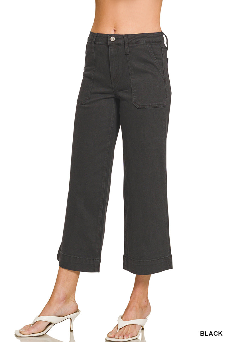 Cropped Wide Leg Color Denim Pants in Black