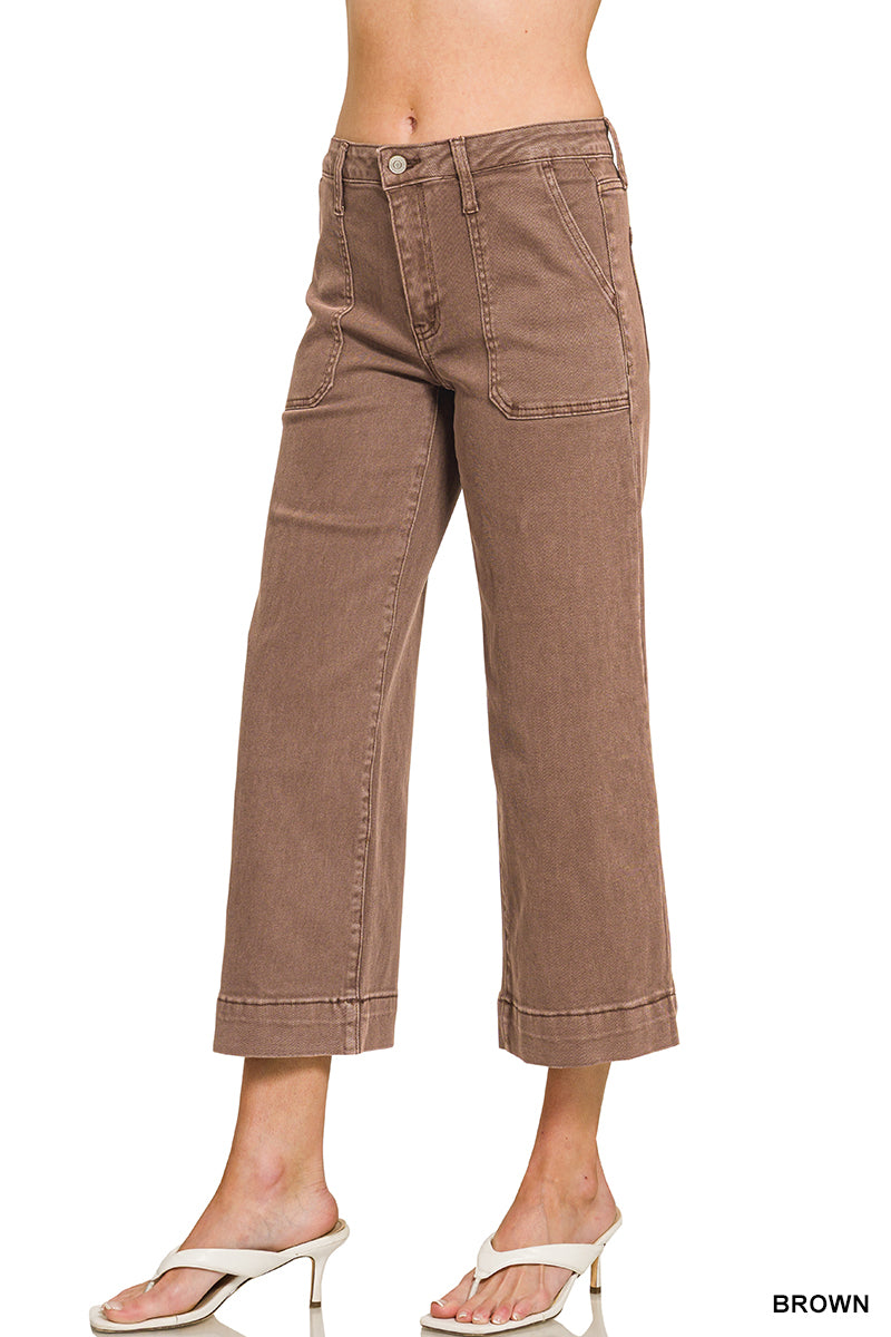 Cropped Wide Leg Color Denim Pants in Cocoa detail view