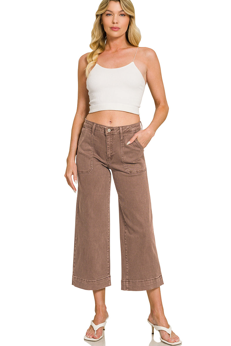 Cropped Wide Leg Color Denim Pants in Cocoa full view