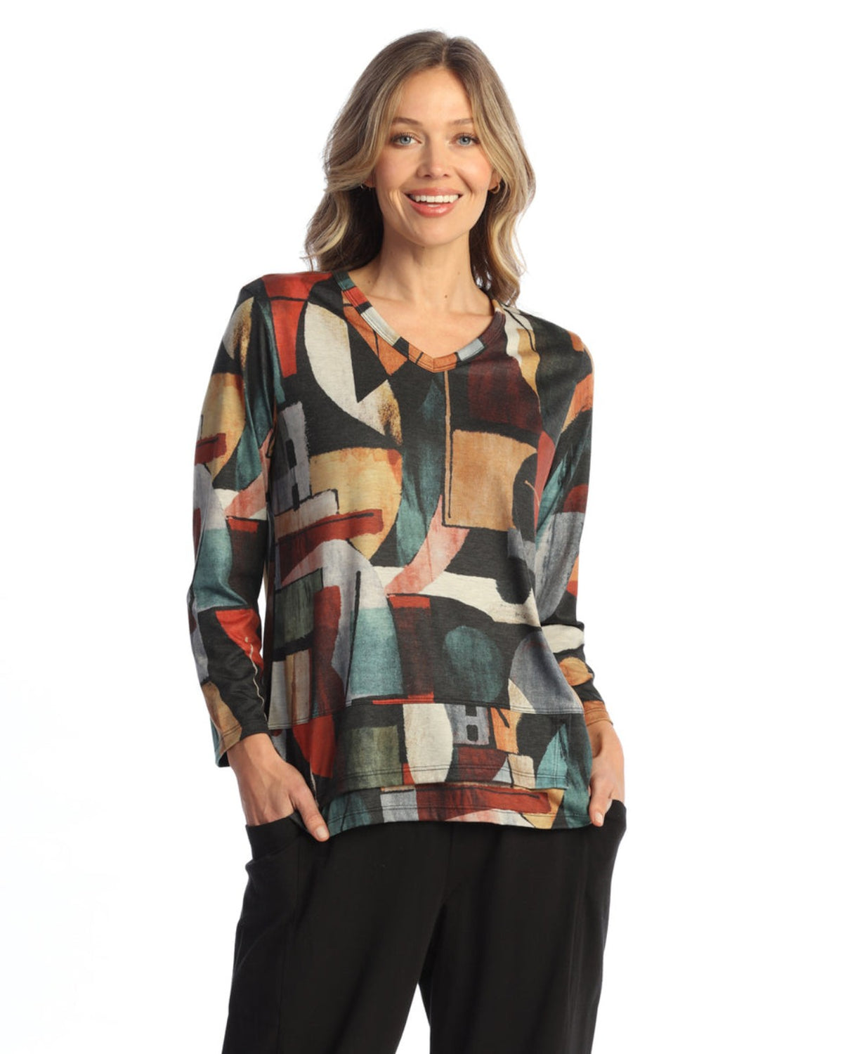 Cubism V-neck overlap hem top front view