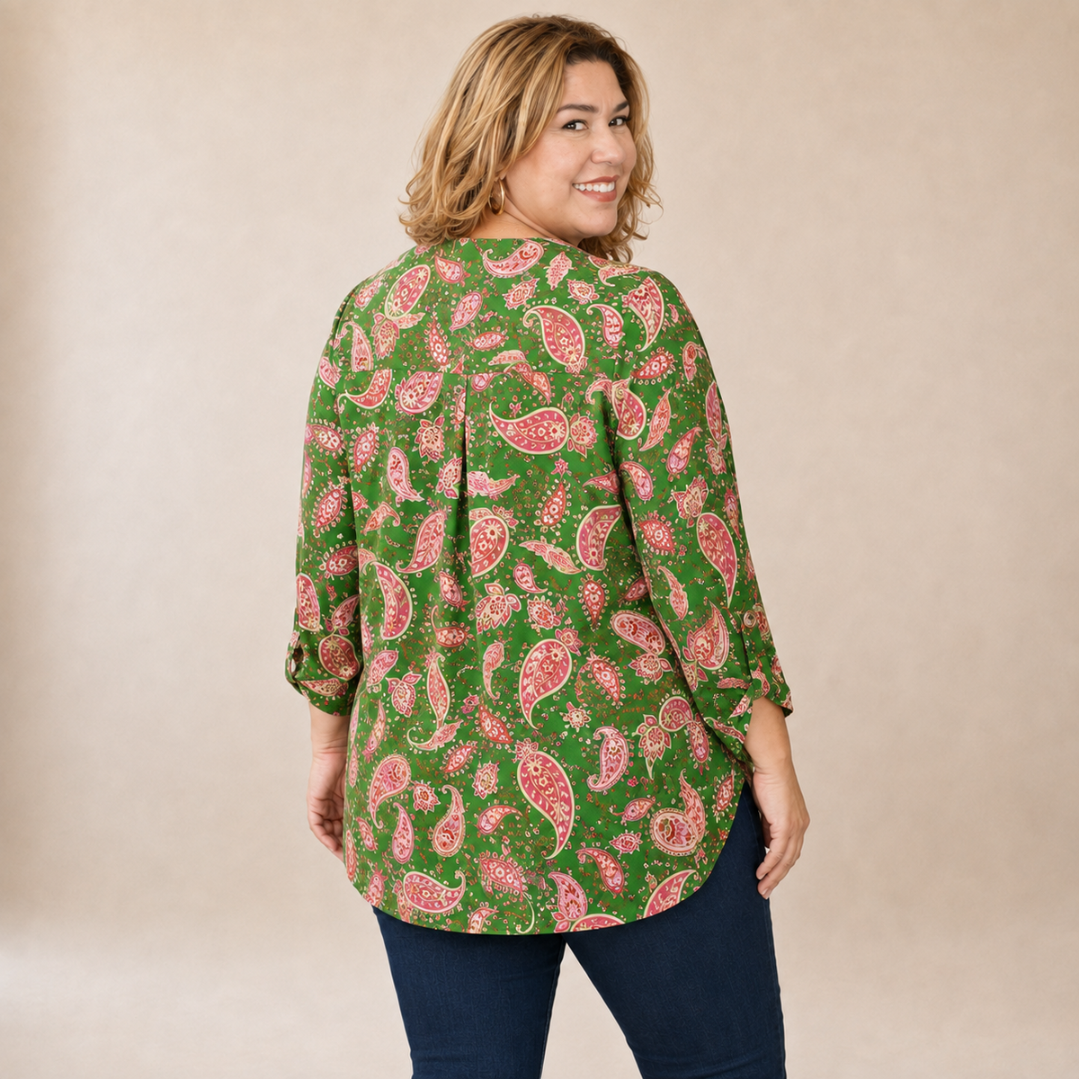 Dear Scarlett Autumn Paisley Lizzy Top back view in green paisley, sizes S-3X