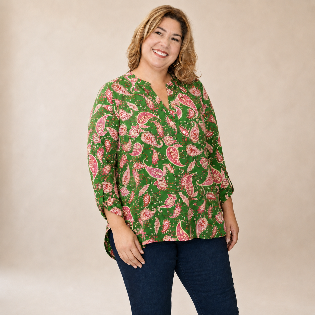 Dear Scarlett Autumn Paisley Lizzy Top front view in green paisley, sizes S-3X