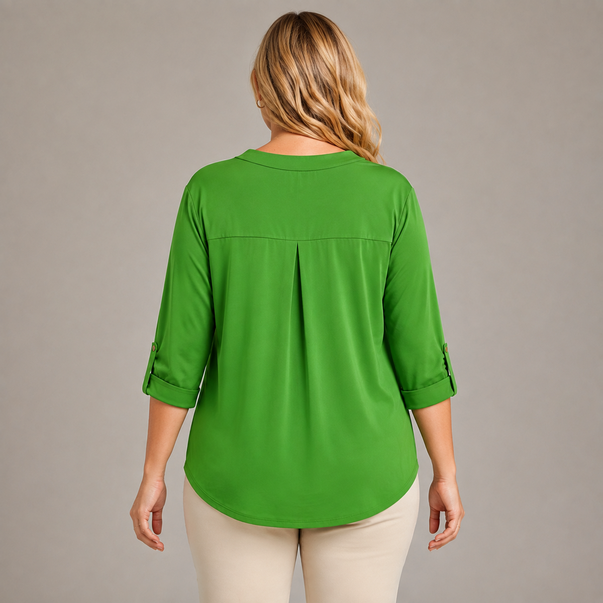 Dear Scarlett green Lizzy Top back view showing high-low hem and back pleat