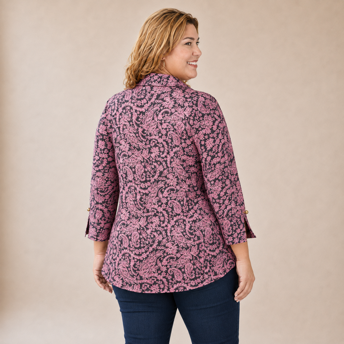 Dear Scarlett pink and charcoal paisley 3/4 sleeve blouse back view, sizes S-3X