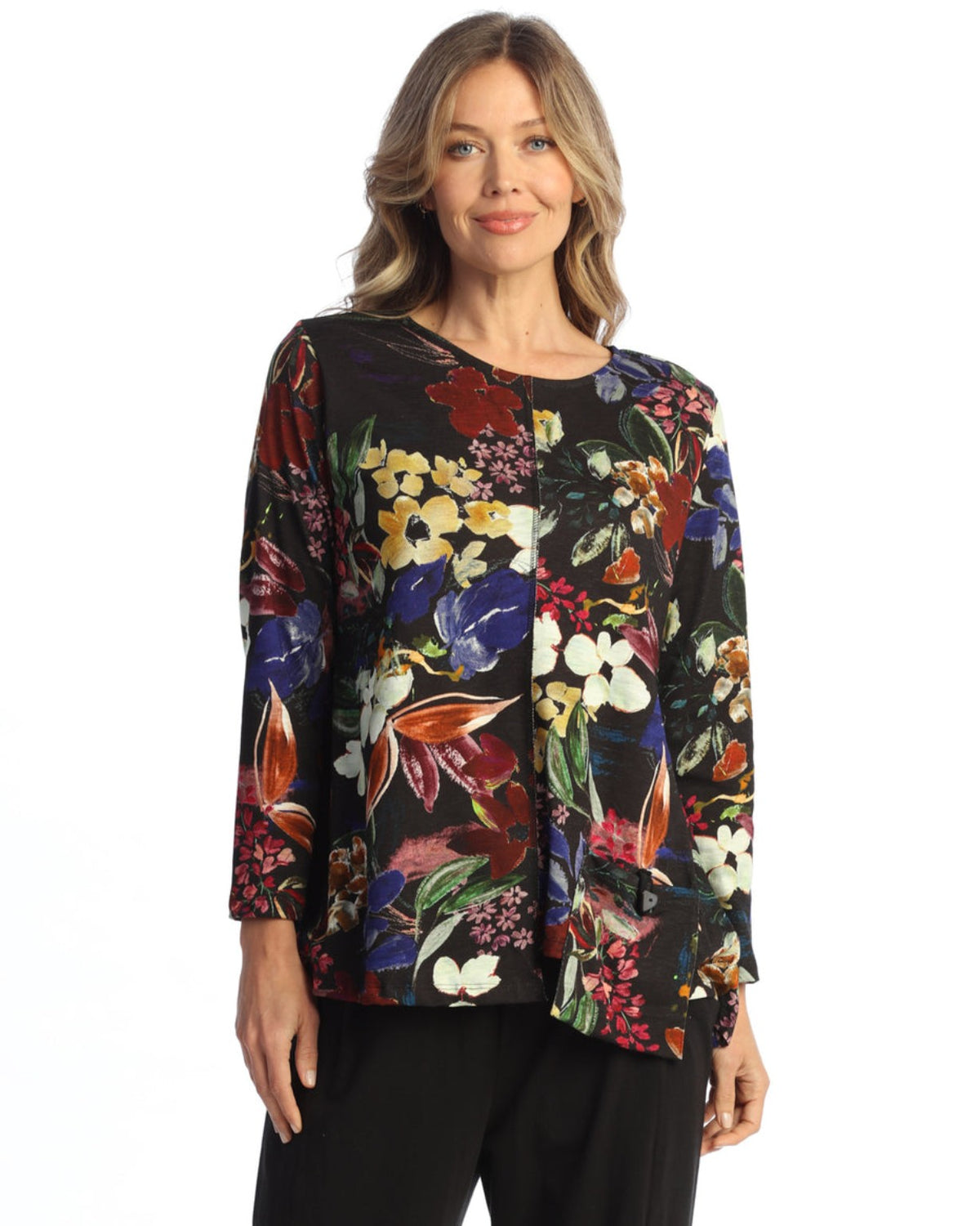 Juliette floral cotton modal top with offset pocket front view