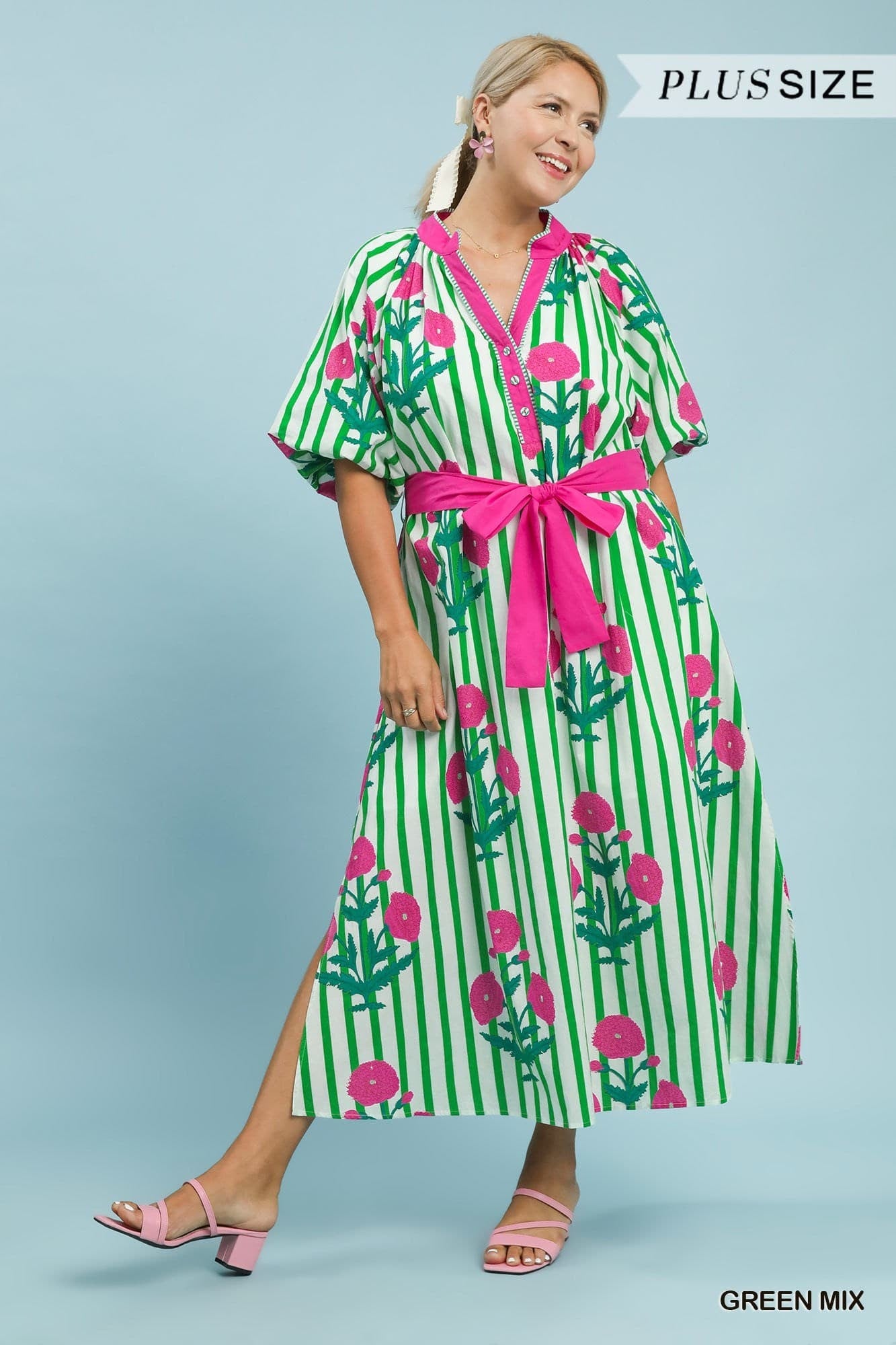 Lilly Green Stripe Floral Midi Dress for Women