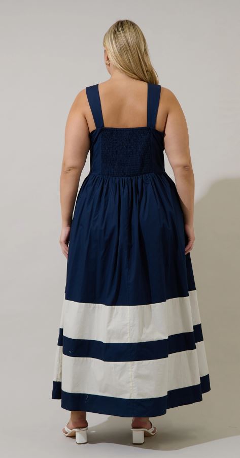 Navy & White Coastal Midi Dress with Pockets