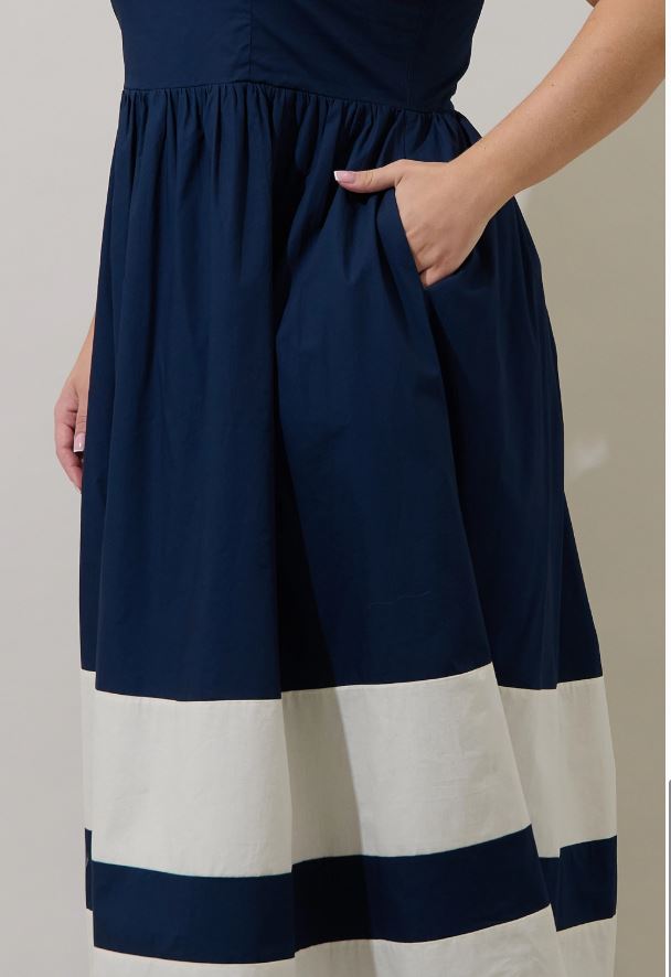 Navy & White Coastal Midi Dress with Pockets
