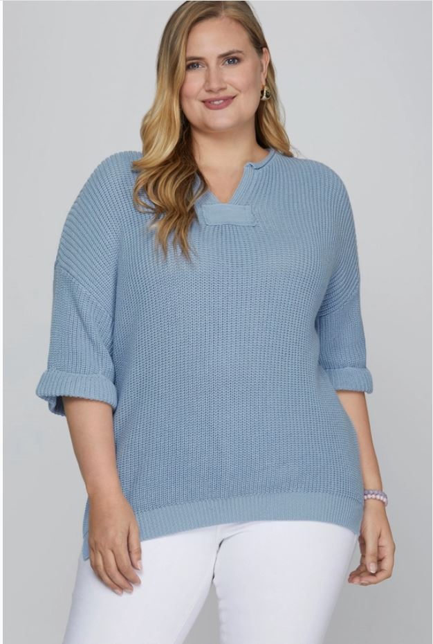 Plus Half Sleeve Notched Collar Spring Sweater (2 Colors)