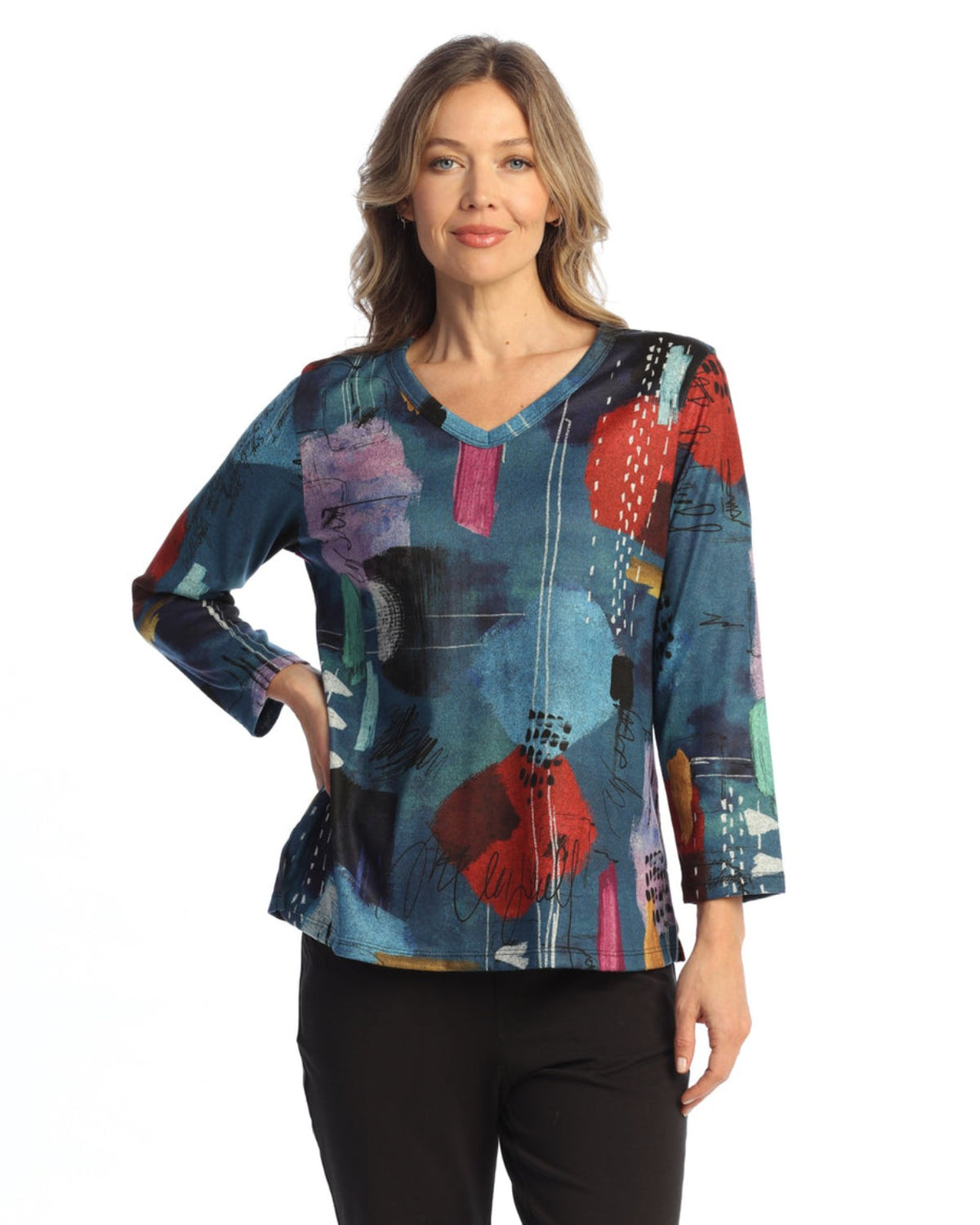 Palette novelty brush print V-neck top front view