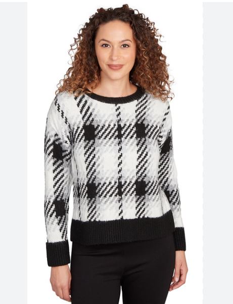 Black & White Glimmer Plaid Sweater with Silver Lurex Shimmer – Sizes L–3X